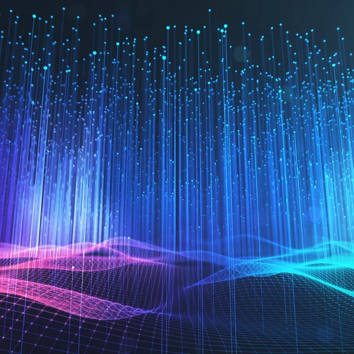 Abstract image of big data wave and information vertical line dots on a dark background.