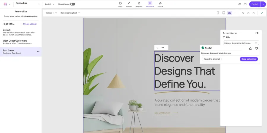 SitecoreAI use case make every interaction feel personal showcasing building a variant