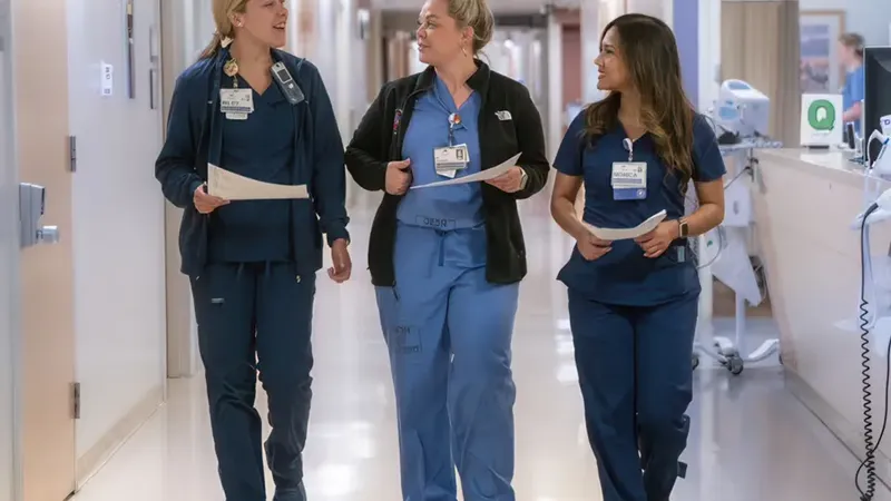 Doctors and nurses walking down a hospital corridor and talking to each other