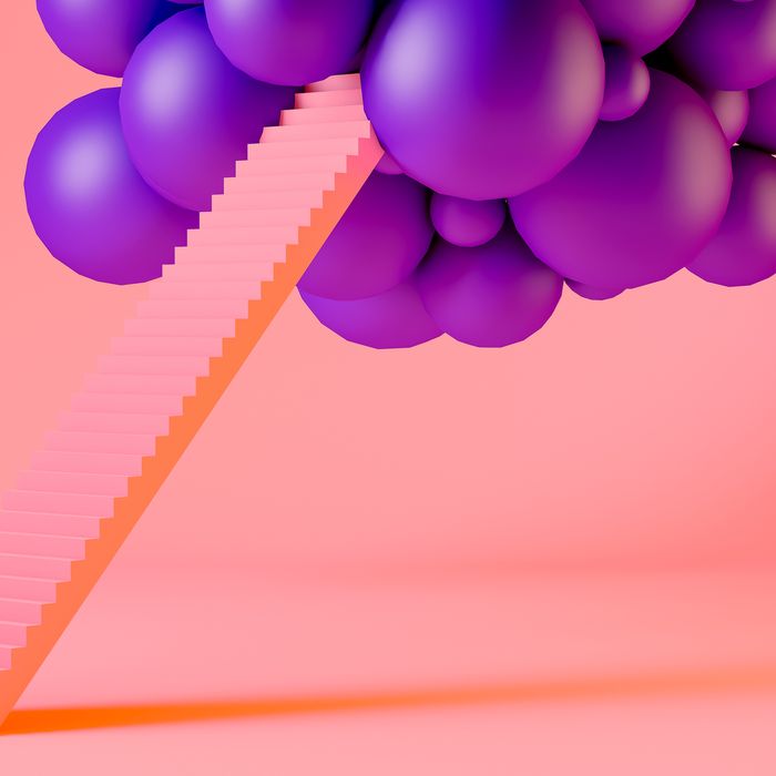 Pink Stairs to Goup Spheres Clouds Purple Background 3d Render