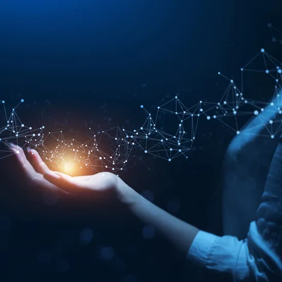 Woman hand holding global network connection. Internet communication, Wireless connection technology.   Futuristic technology with polygonal shapes