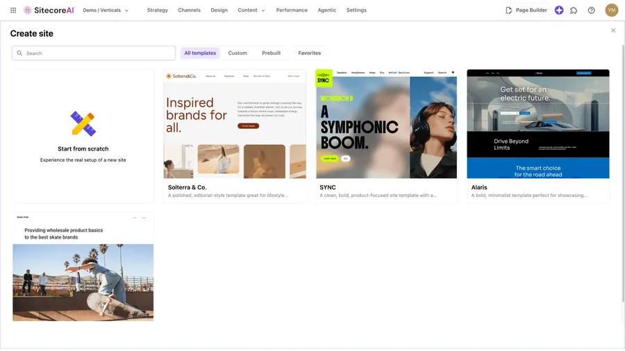 Example of SitecoreAI for a use case around managing websites showing site templates