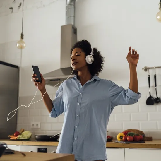 Woman dancing and listening music in the morning in her kitchen