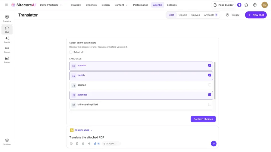 Example of SitecoreAI for a use case around translating an entire site showing an agent