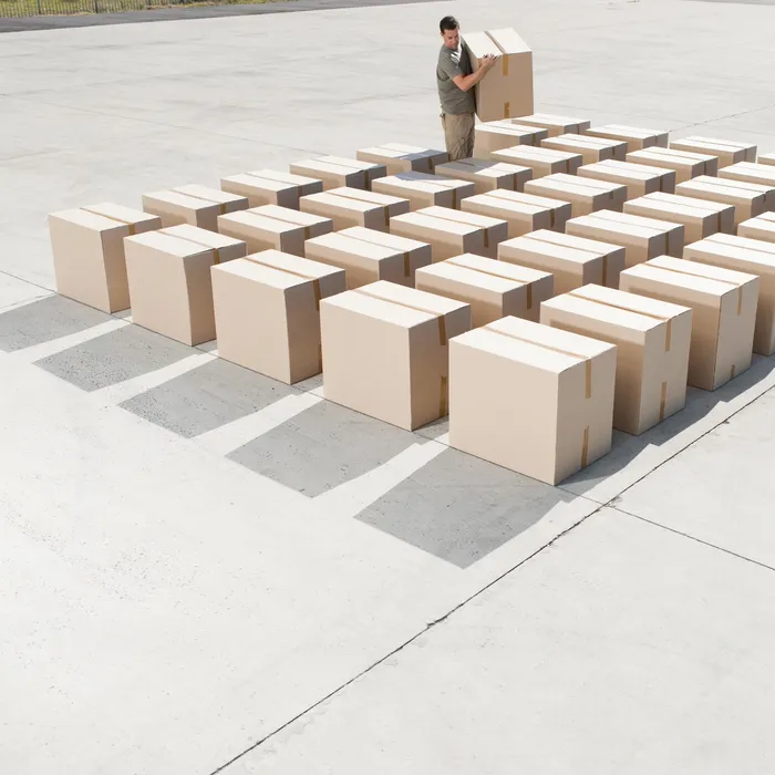 Man organizing boxes outdoors