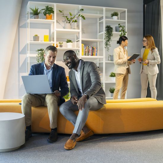 Two smiling businessmen working together in a modern office, using a laptop, discussing a new projectColorful Human