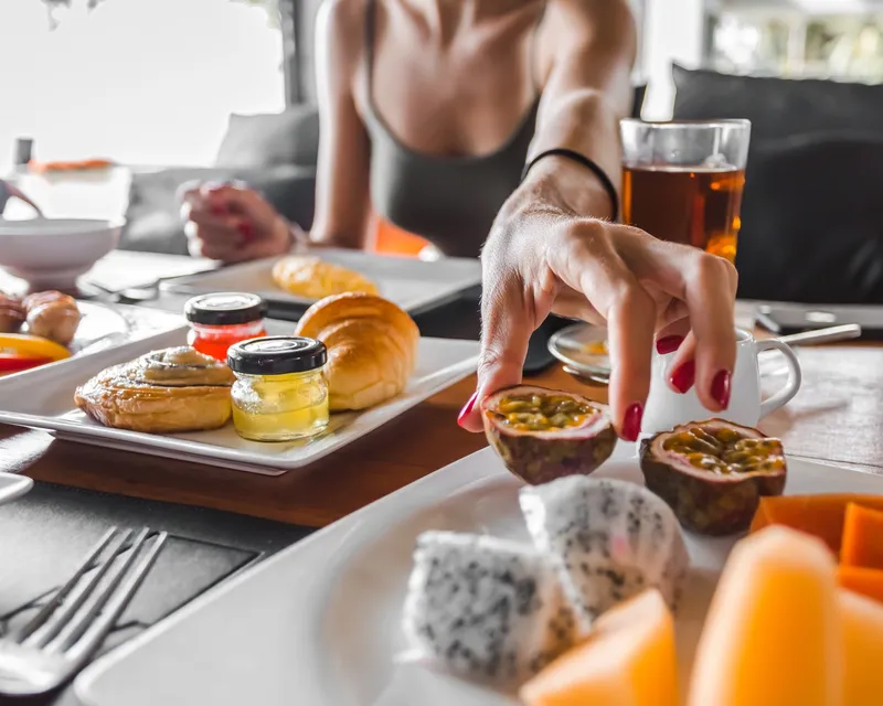 Happy,European,Man,Having,Huge,Table,Of,Breakfast,,American,,French