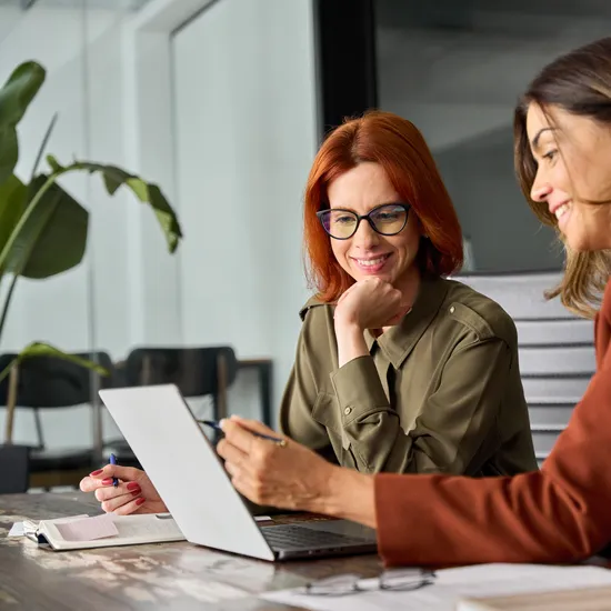 Two,Happy,Busy,Female,Employees,Working,Together,Using,Computer,Planning