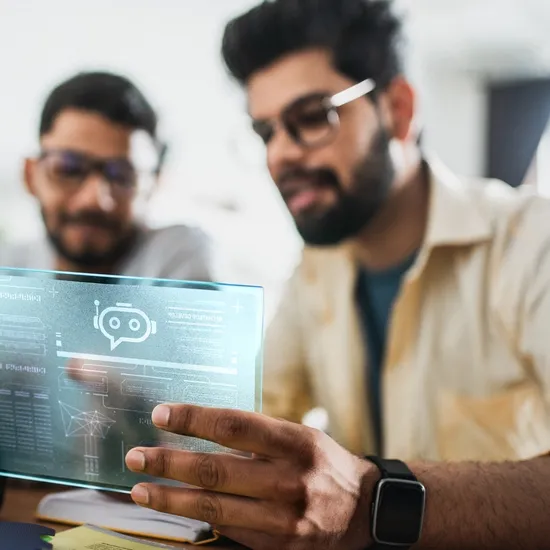 Two Indian men working together on a tablet with digital projection screen with hologram representing technologies of the future. Working on AI Chatbot development and accebility