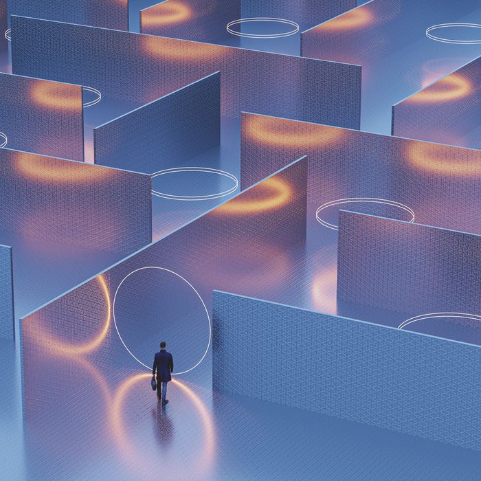 Businessman walking into mysterious maze, 3D generated image.