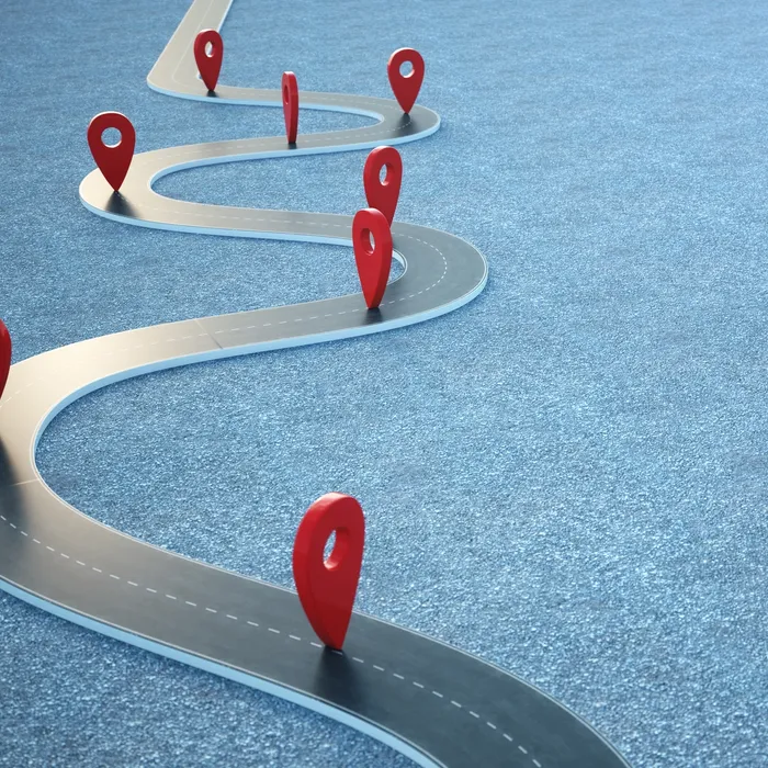 Road way location Infographic with pin pointers. Road way with red pointers, 3D illustration