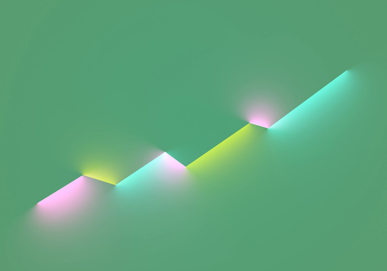 Digital generiertes Bild eines abstrakten, sich nach oben bewegenden linearen Diagramms aus leuchtenden Neonlichtern auf grünem Hintergrund.