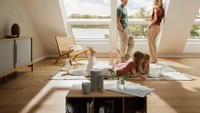 A man and a woman stand by the window while enjoying their two children looking at a laptop