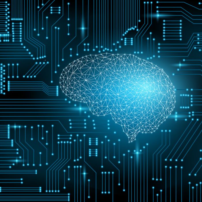 An Artificial Intelligence brain with circuit board is on learning process. Futuristic design concept. Abstract digital and technology background. Vector Illustration.