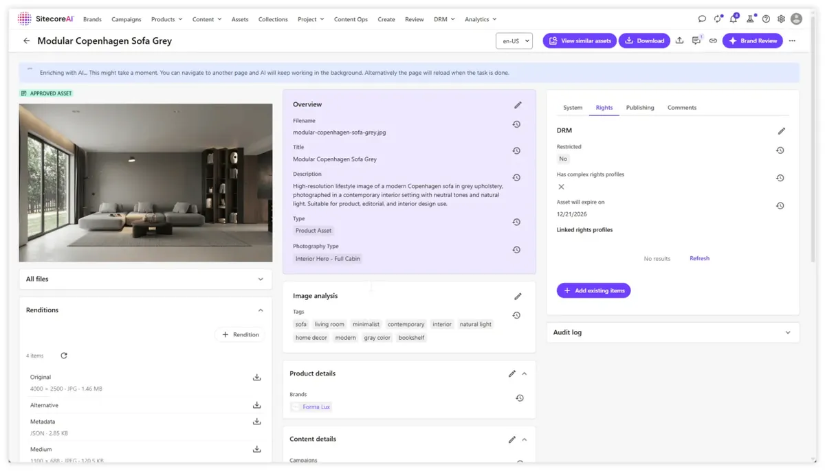 SitecoreAI DAM Digital Asset Management AI tagging product screenshot
