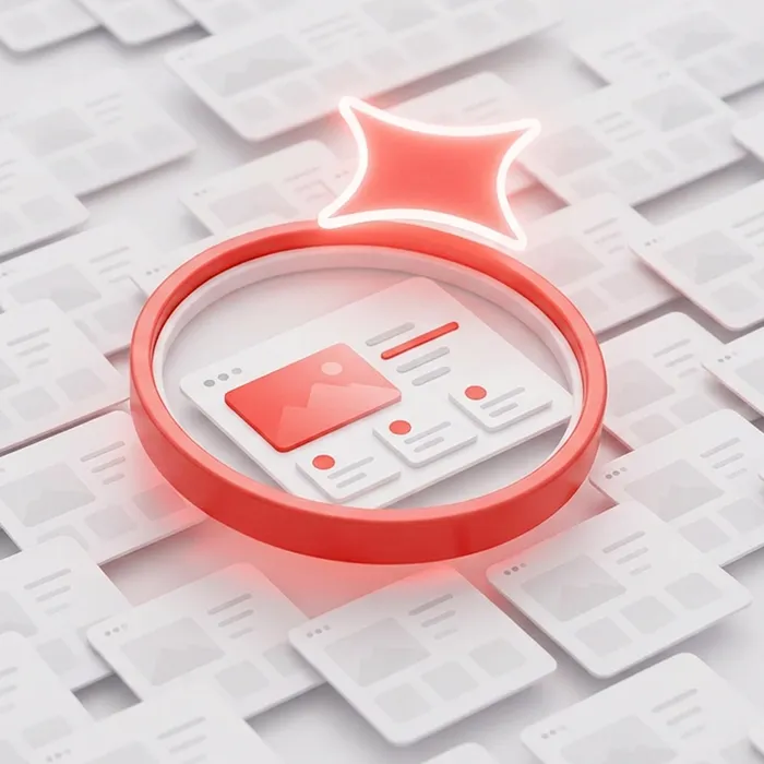 Highlighted website card under a magnifying glass with a glowing star, standing out among multiple muted web page layouts.
