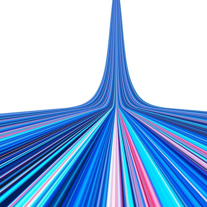 Digital generated image of abstract multicolored ramp with stripe pattern moving up in perspective on white background visualising growth and speed.