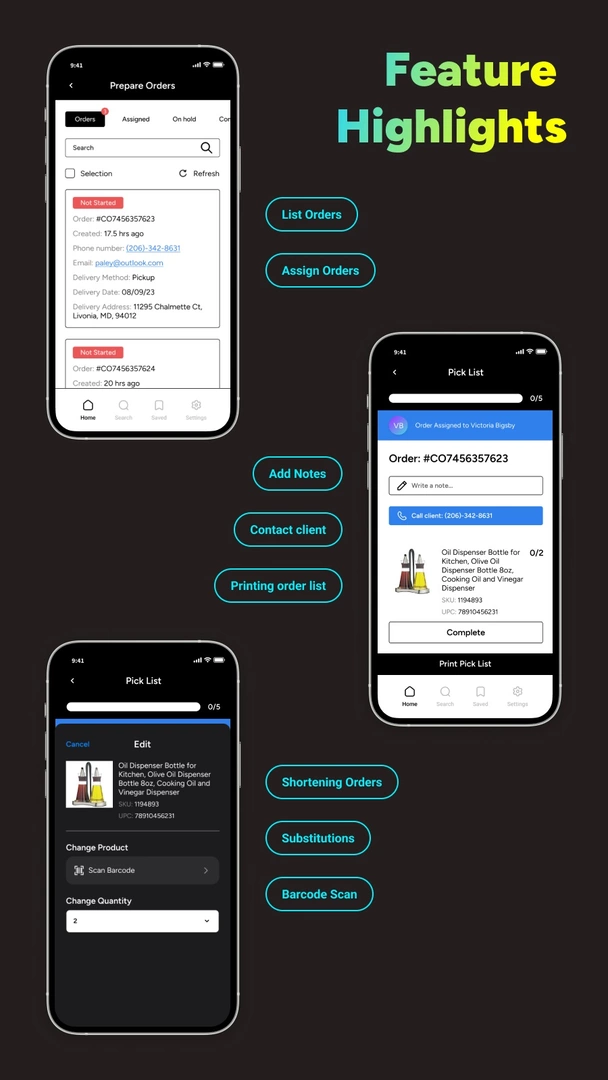 Image of mobile phones showing feature highlights of the app