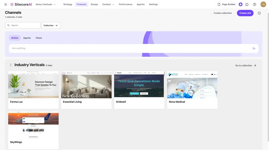Example of SitecoreAI for a use case around managing websites showing a website collection