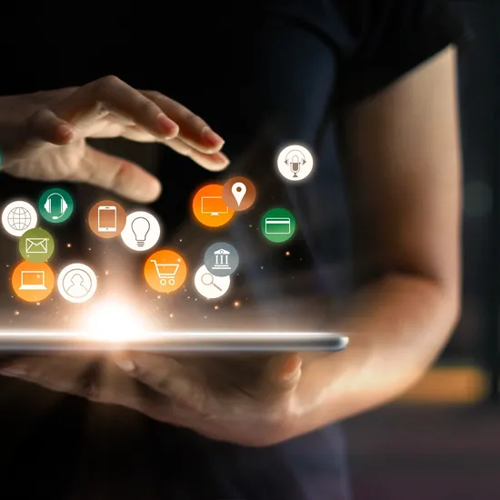 Digital online marketing commerce sale concept. Woman using tablet payments online shopping and icon customer network connection on hologram virtual screen, m-banking and omni channel.