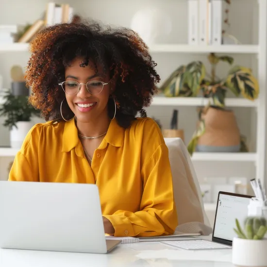 A smiling woman with glasses and an afro hairstyle works on a laptop at a modern, stylish office desk.June25
