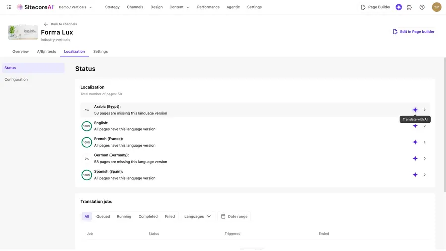 Example of SitecoreAI for a use case around website translation showing a translation dashboard