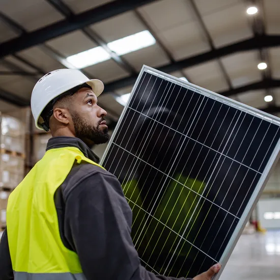 Handsome,Worker,Carrying,Solar,Panel,In,Warehouse,,Factory.,Solar,Panel