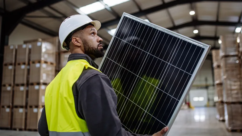 Handsome,Worker,Carrying,Solar,Panel,In,Warehouse,,Factory.,Solar,Panel