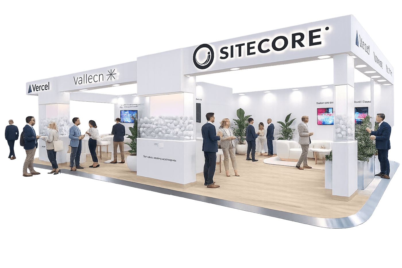 Alternate rendering of the Sitecore, Valtech and Vercel booth at DMEXCO 2026