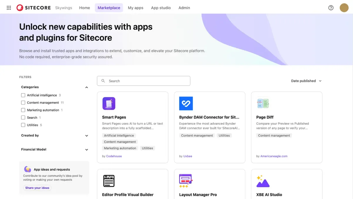 SitecoreAI Studio screenshot of Sitecore Marketplace SaaS platform UI