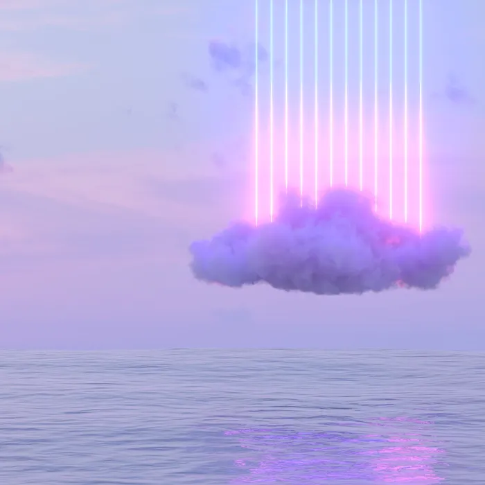 3D rendering of Neon Lightning Glowing Lines and Cloud over the Sea.
