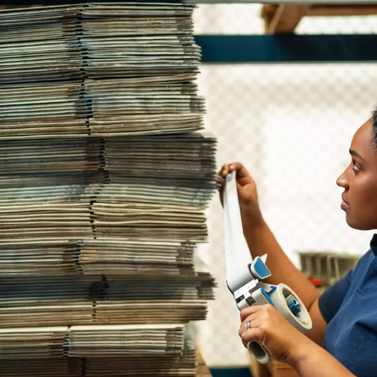 Female warehouse worker labeling the boxes. Woman in uniform working in distribution warehouse plant.Colorful Human