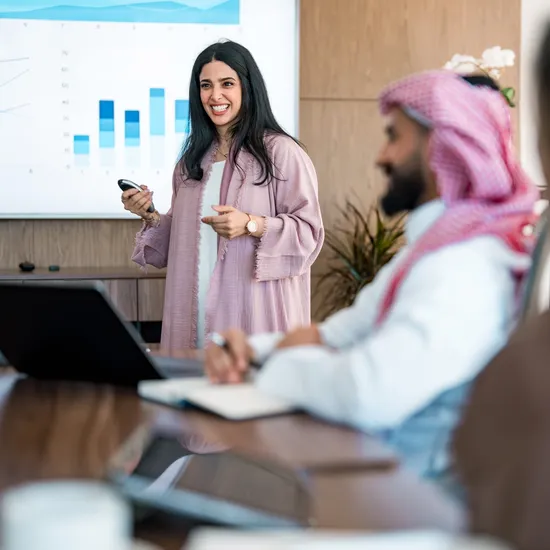 Wide-angle view of confident mid-adult Middle Eastern businesswoman in pink attire presenting financial graphs to diverse colleagues in contemporary corporate boardroom setting.Colorful Human