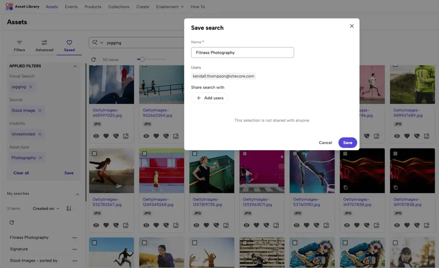 Example of SitecoreAI for a use case around asset management showing saving and sharing an asset in dam