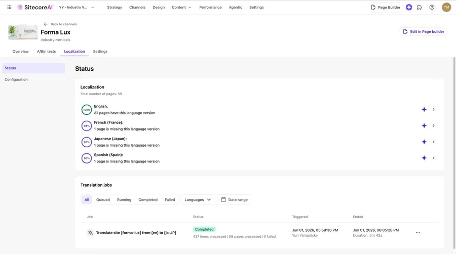Example of SitecoreAI for a use case around site translation showing a localization dashboard