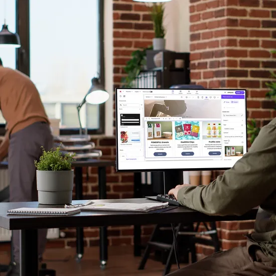 marketer working on a computer looking at the screen