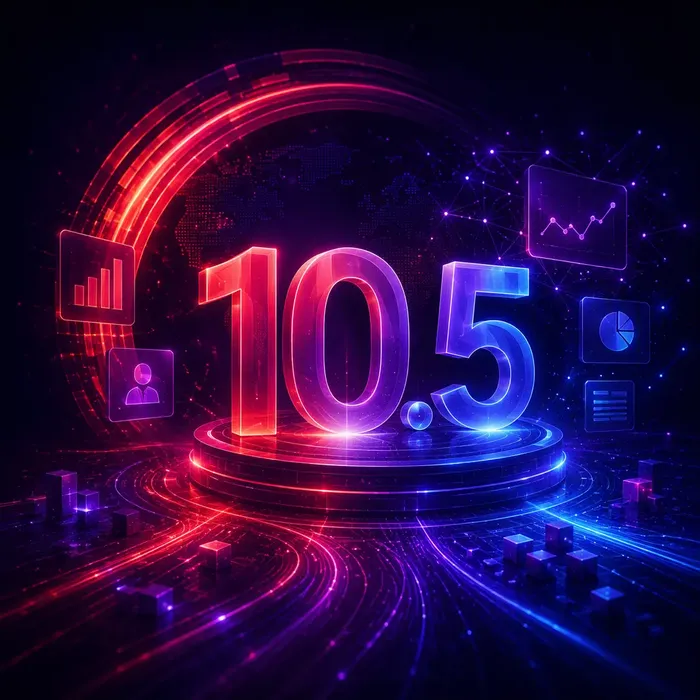 Digital graphic displaying the number 10.5 surrounded by data analytics charts and graphs