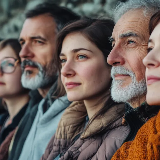 Side profile of diverse multi-generational family looking forward. Group of people are standing together and looking towards future with hope. Concept of family bonds, unity and passage of time