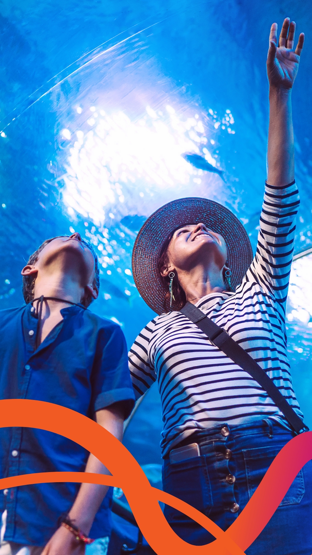 A woman and child peering upwards into a glass aquarium