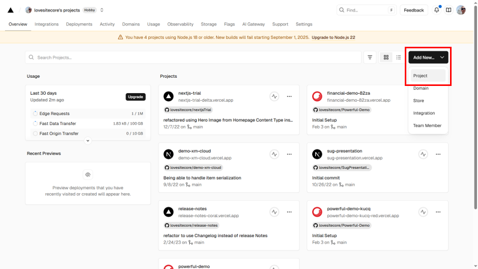 Create a new Project in Vercel
