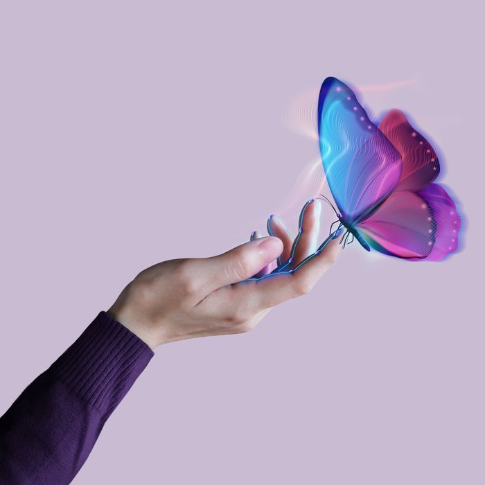 Biosensor Technology Concepts. using for New Experiences with Metaverse, Web3 and Blockchain. Hand Interacting with the Computer Graphic Surrealism Butterfly via Biosensor Tech