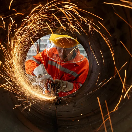 Electric wheel grinding at Industrial worker wear a safety mask cutting metal pipe with many sharp sparks