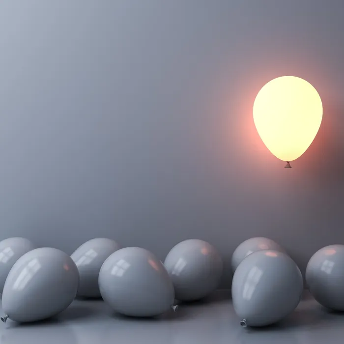 Stand out from the crowd and different concepts One light balloon glowing and floating above other white balloons on white wall background with window reflections and shadows 3D rendering