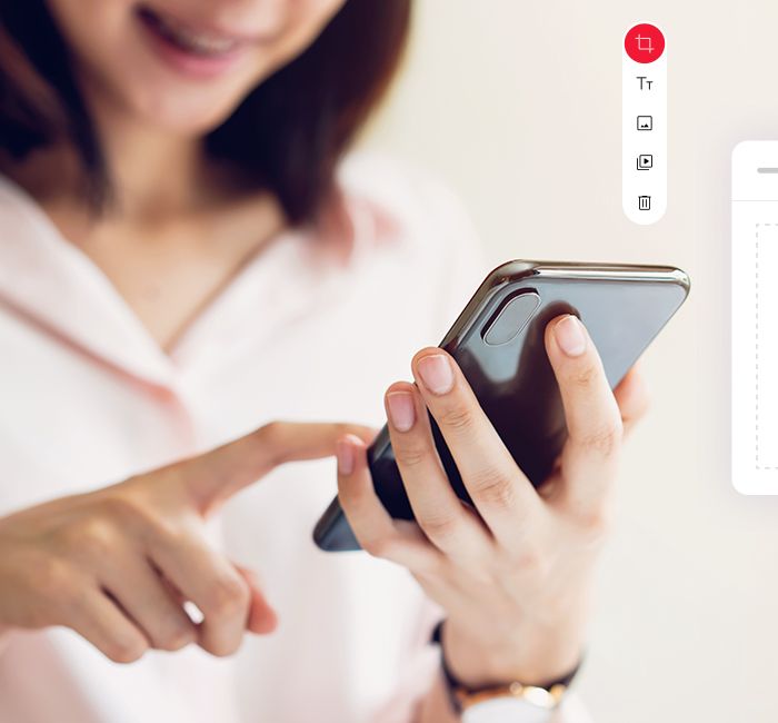 Woman holding smartphone and drag and drop illustration on the side