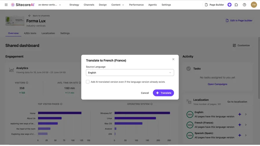 Example of SitecoreAI for a use case around translating an entire site showing one click translation for a site