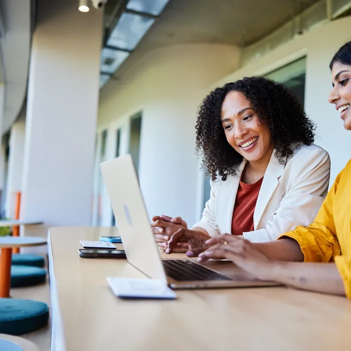 Two businesswomen smiling and working on a laptop at an office table