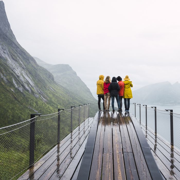 Norway, Senja island, rear view of friends standing on an observation deck at the coast