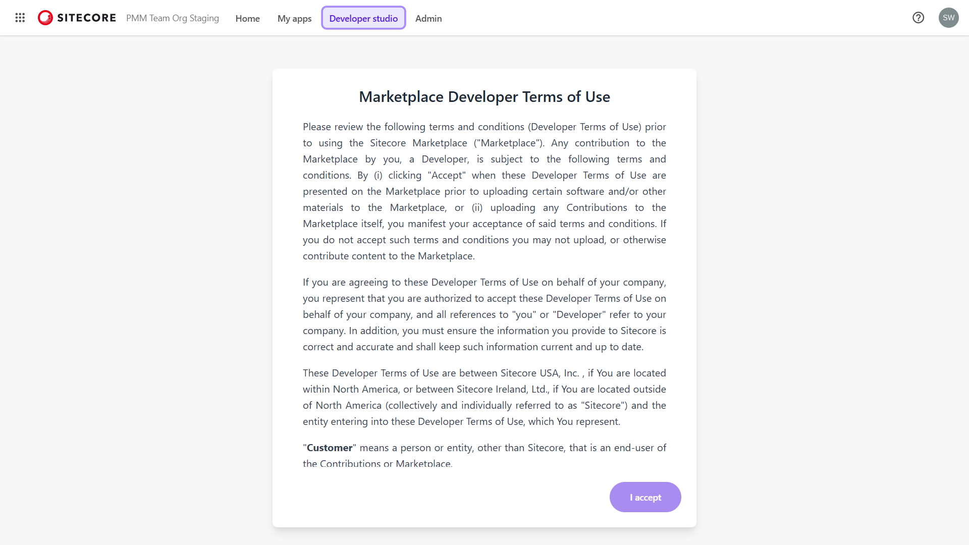 Sitecore Marketplace Developer Studio - accept terms and conditions