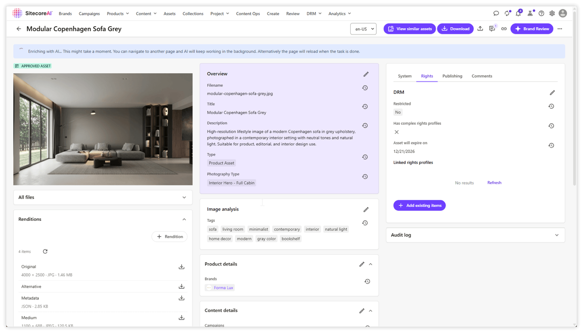 SitecoreAI DAM Digital Asset Management AI tagging product screenshot