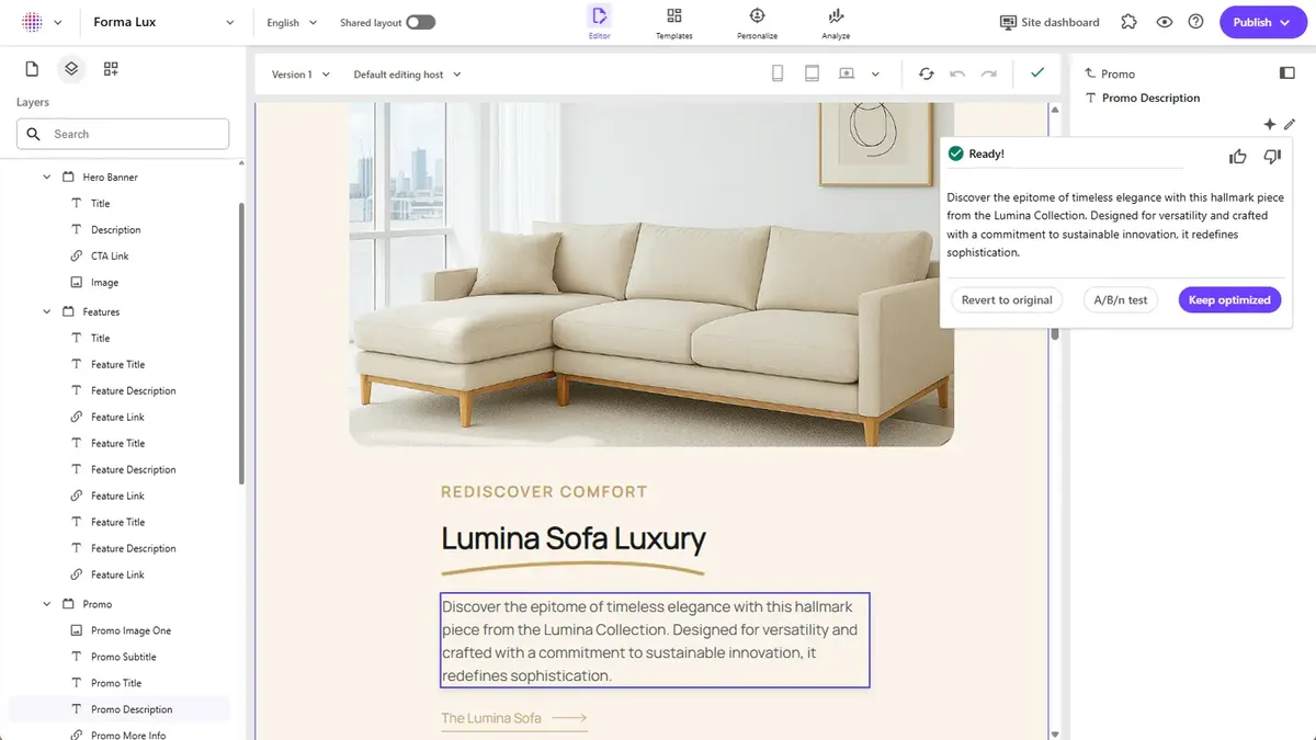 SitecoreAI experience delivery page builder forma lux